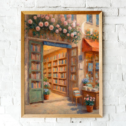 Elegant bookshop art featuring floral elements for reading spaces.