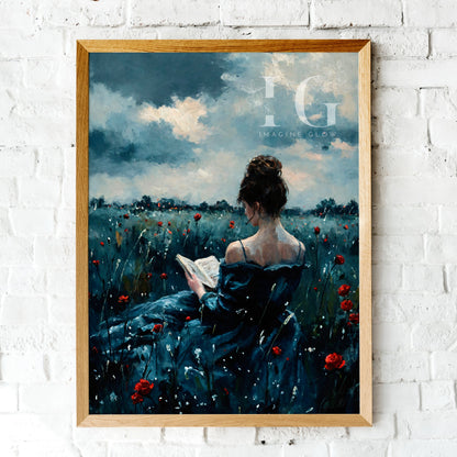 Elegant vintage portrait of a girl reading surrounded by flowers