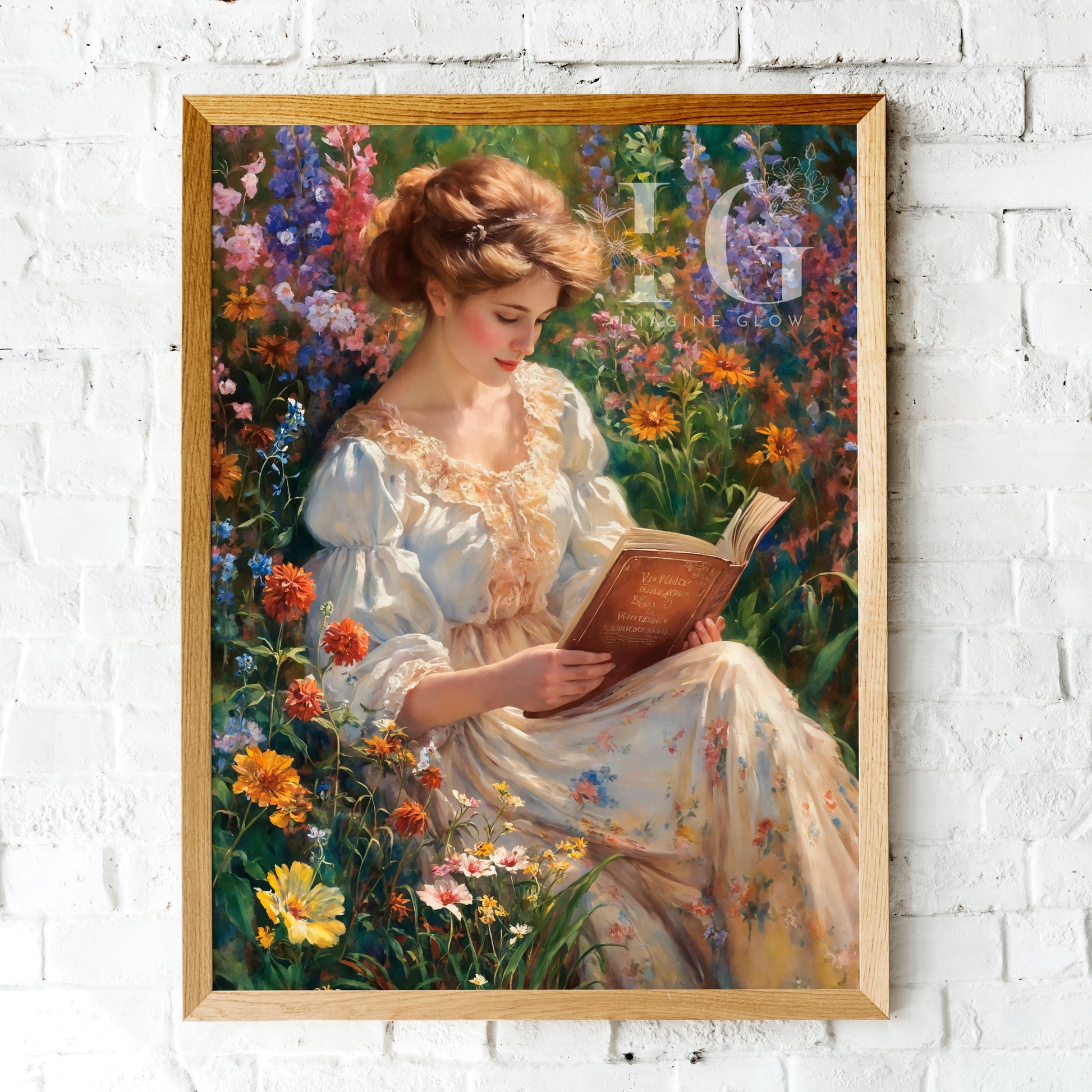 Printable vintage art of a woman reading in a flower field for decor