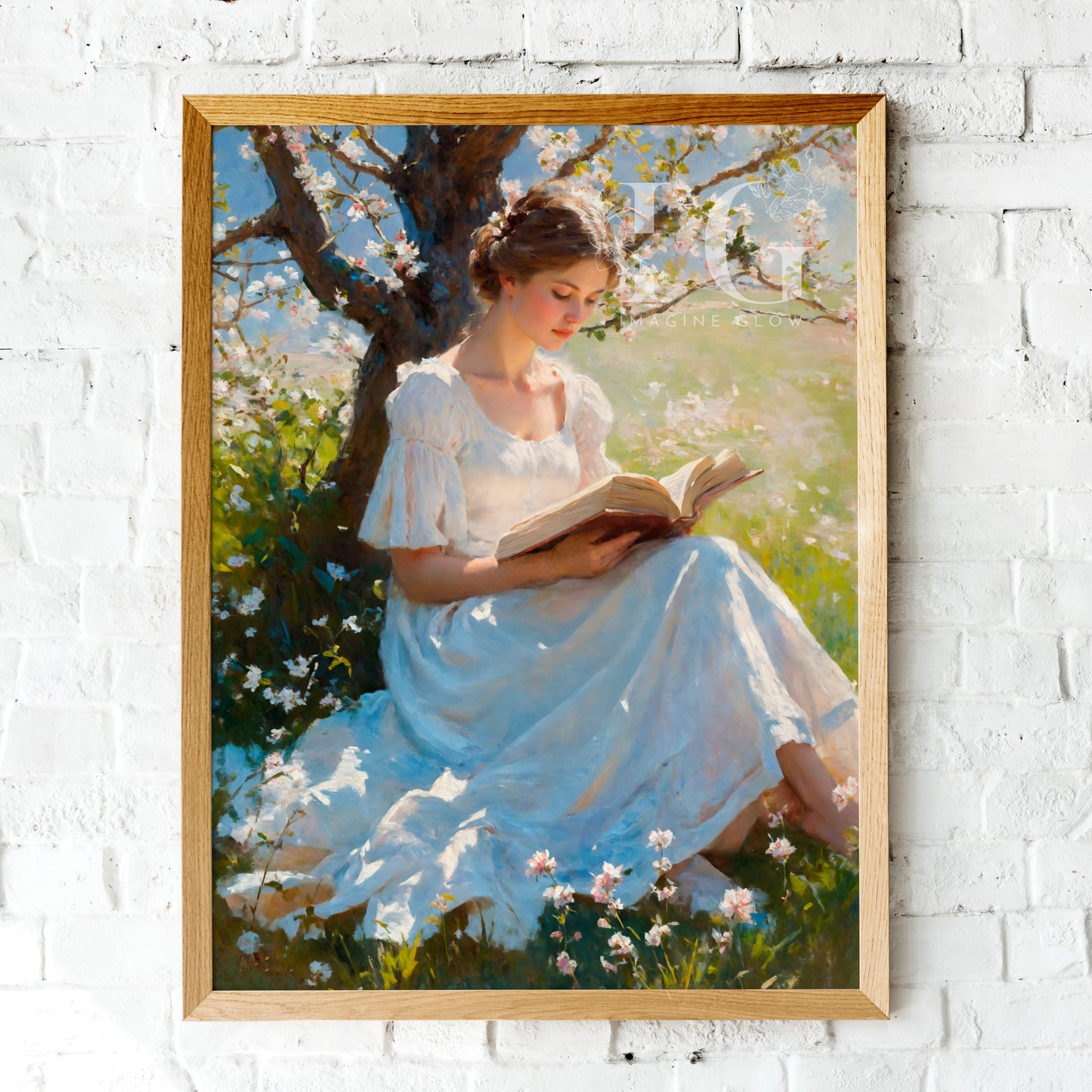 Classic wall art of a woman enjoying a book beneath a tree