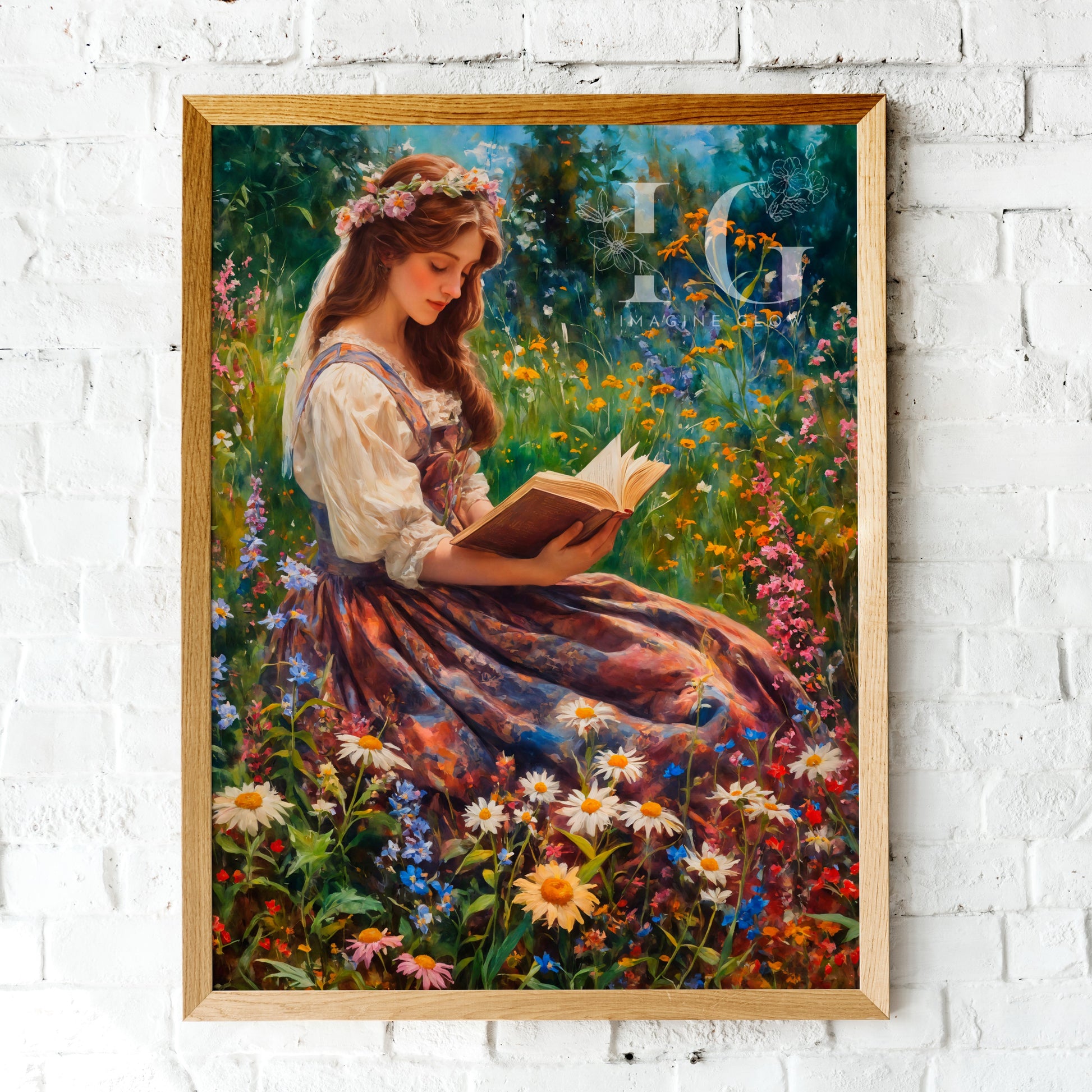 Serene wall art of a woman enjoying a book in a blooming flower field