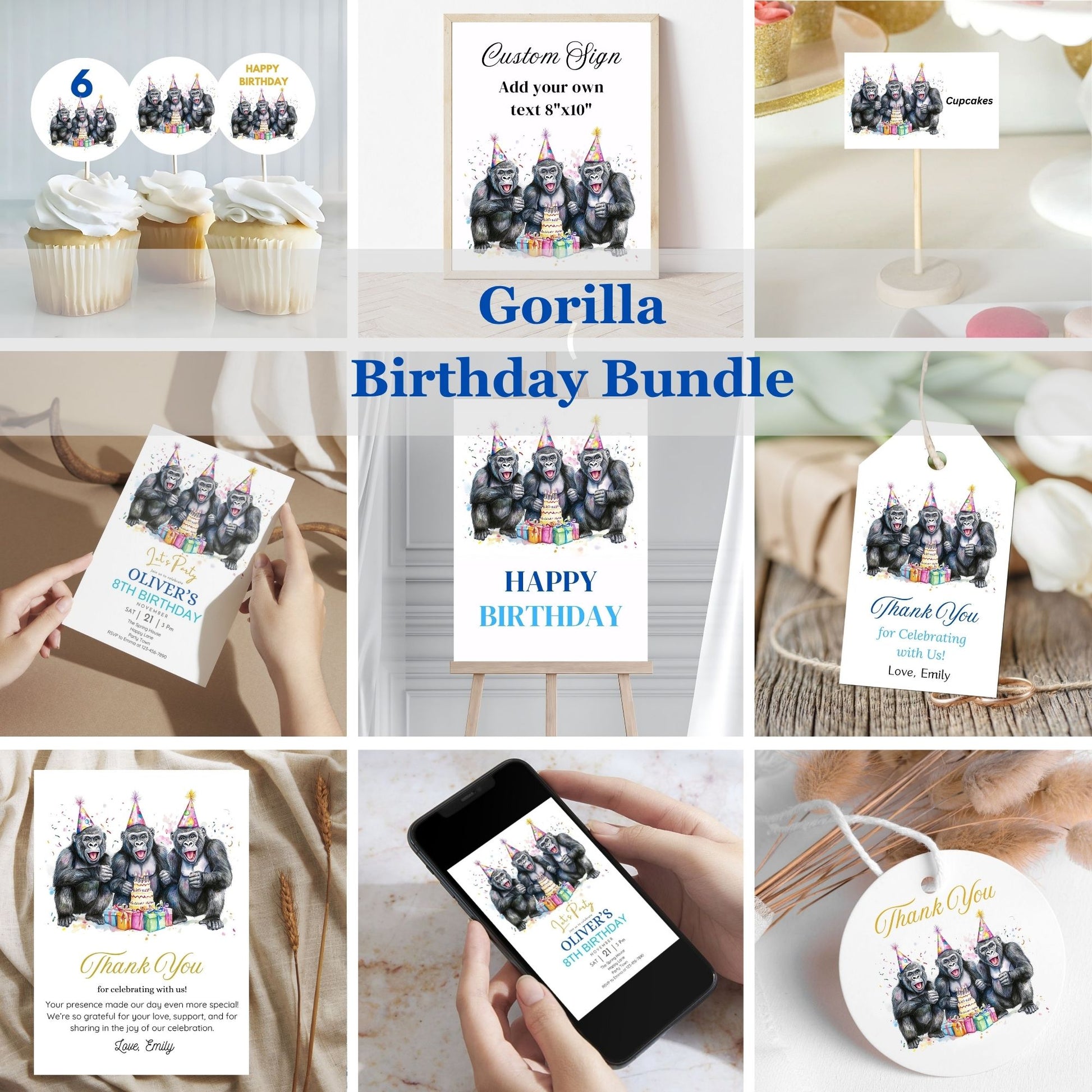 Gorilla-themed birthday bundle with various items including cupcakes, signs, and invitations.