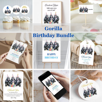 Gorilla-themed birthday bundle with various items including cupcakes, signs, and invitations.