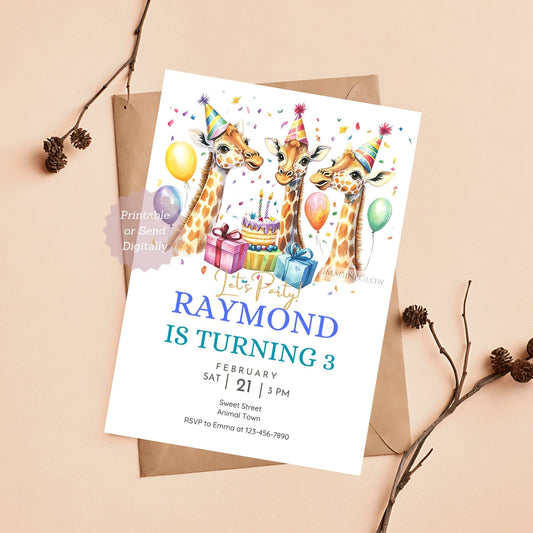 Giraffe birthday invitation with safari adventure theme