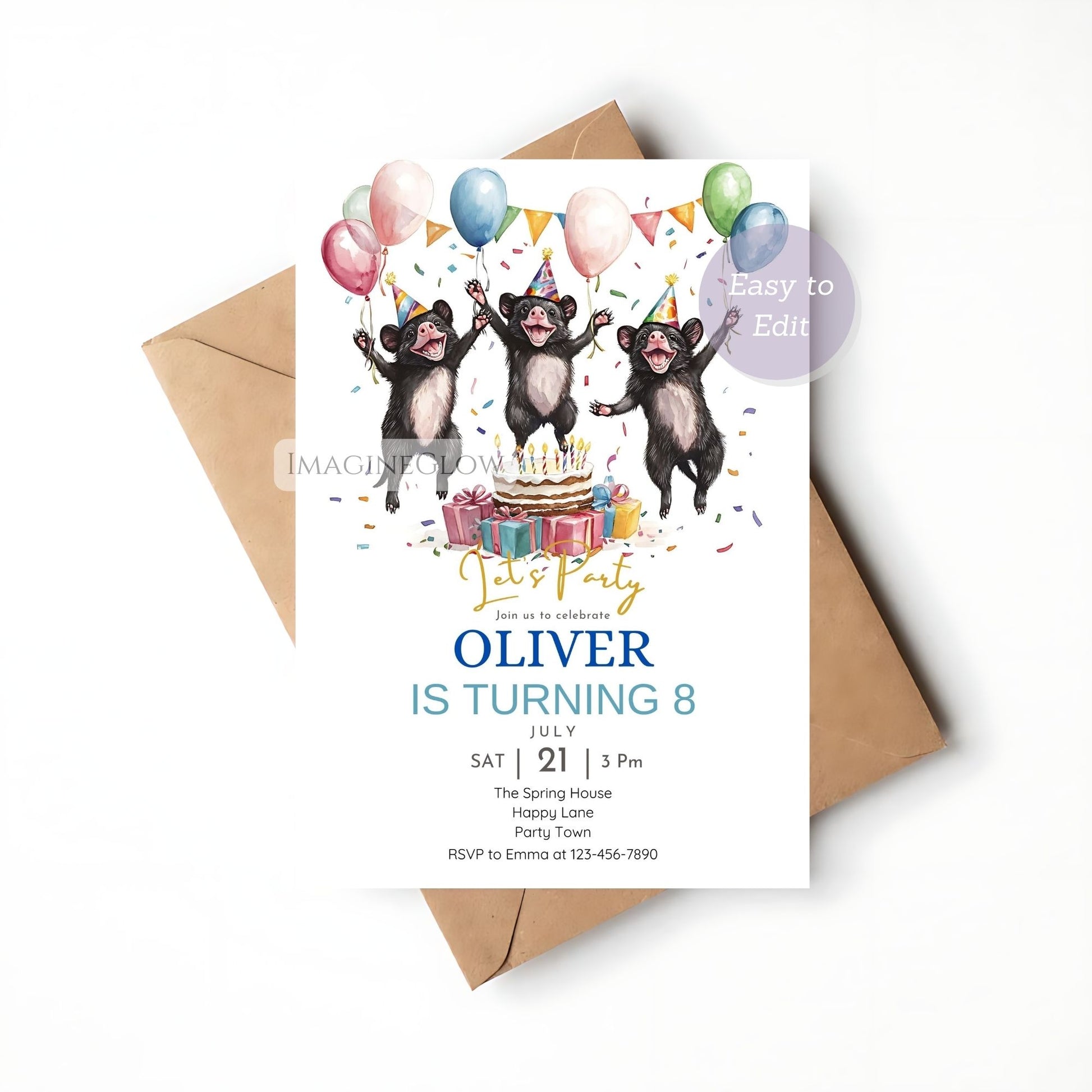 Editable Tasmanian devil kids party invite
