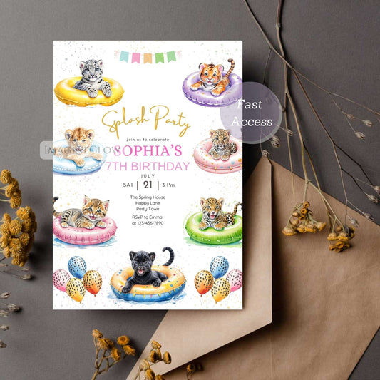 Birthday party invitation with cartoon animals on inflatable rings and balloons, placed on a textured surface.