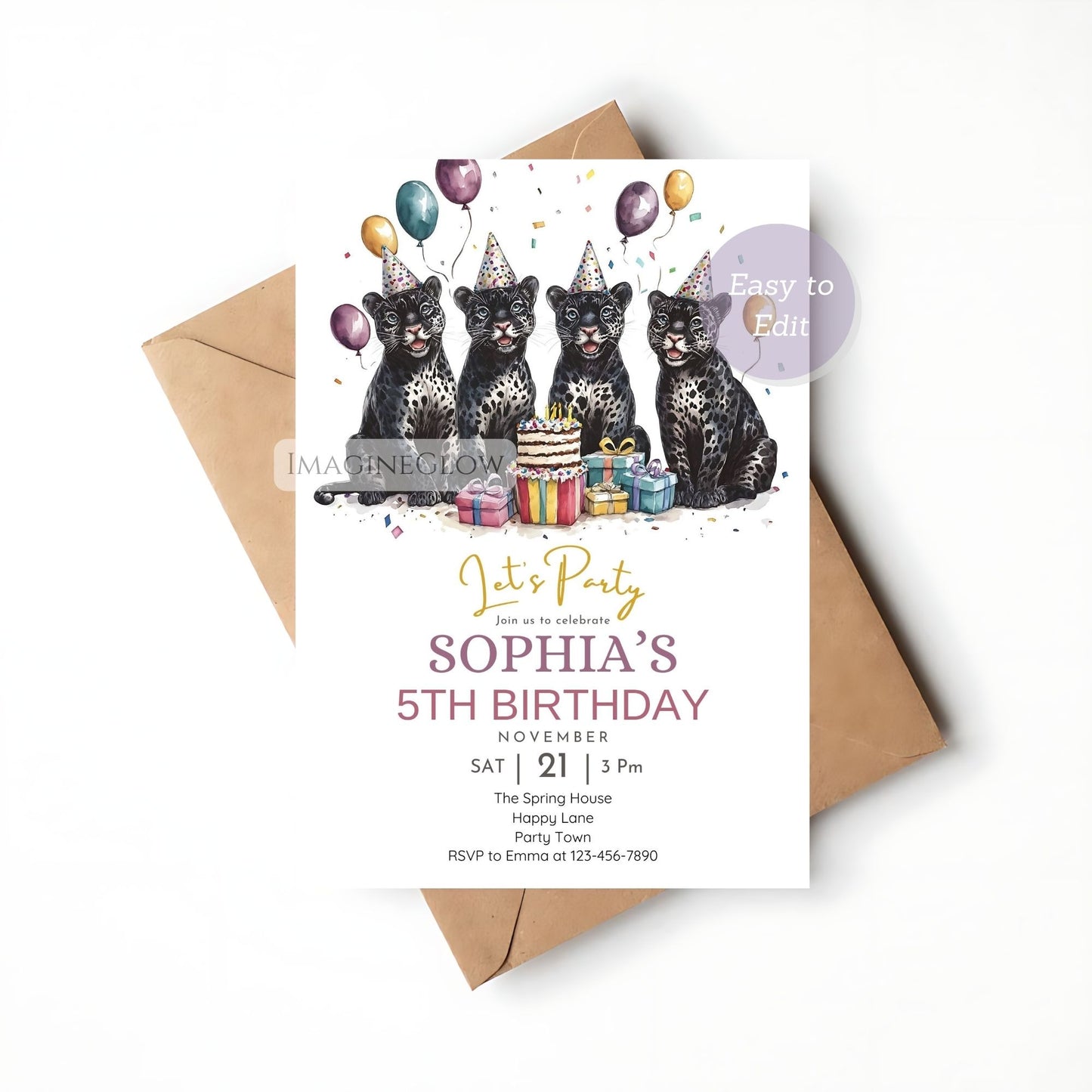 Panther and jaguar themed birthday invitation
Tropical wild animal birthday invitation editable
