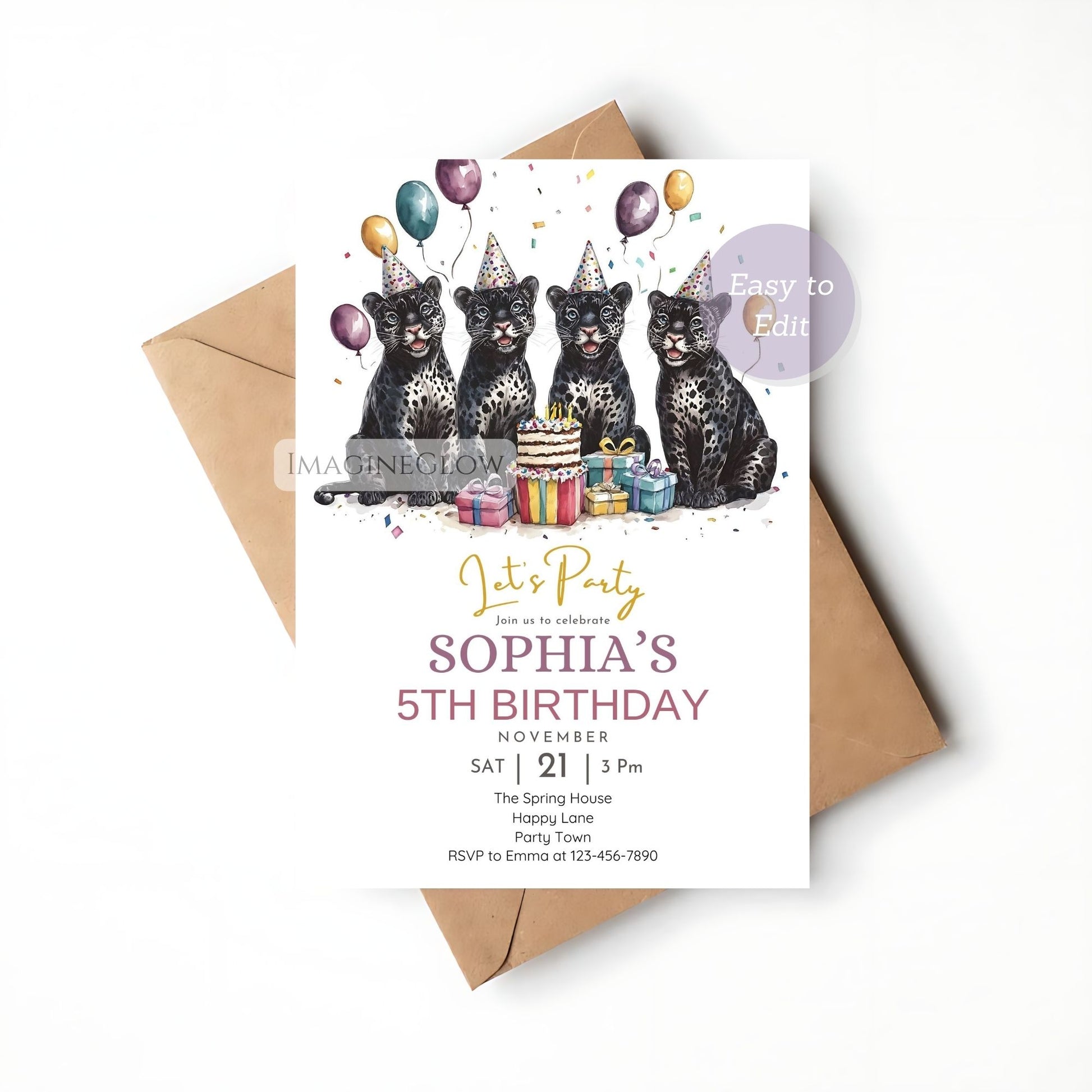 Panther and jaguar themed birthday invitation
Tropical wild animal birthday invitation editable

