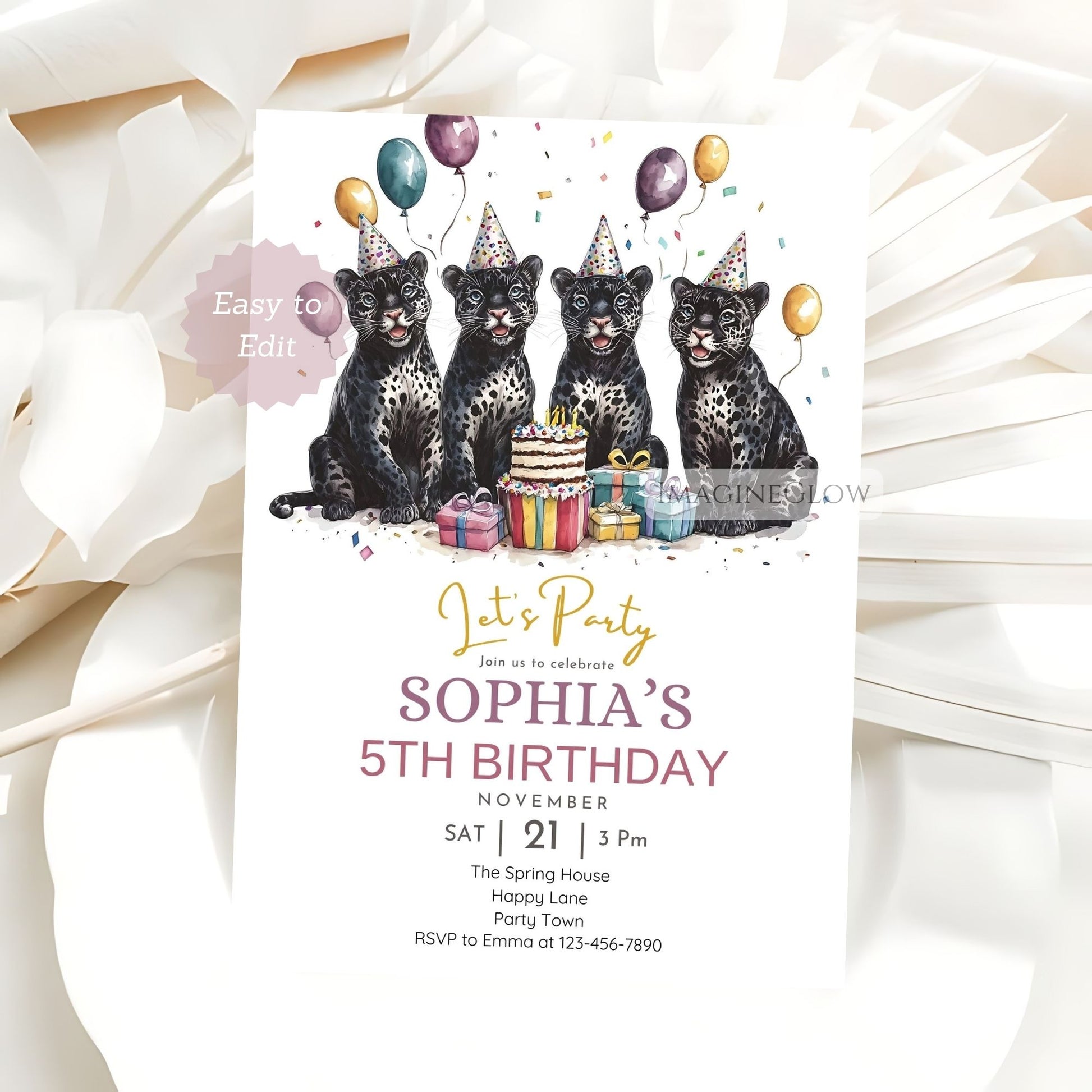 Safari-themed birthday card with black panther
Digital jungle cat birthday party invite