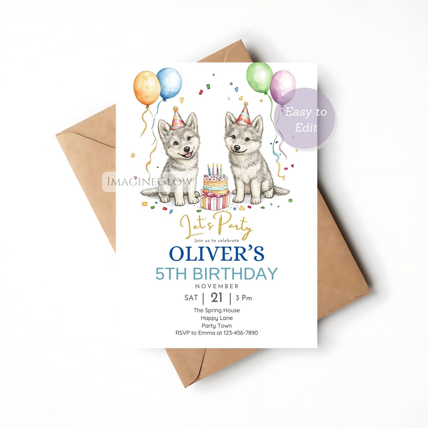 Editable wolf birthday card template
Printable woodland wolf invitation
