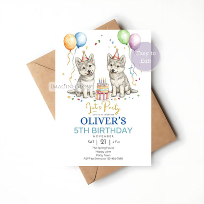 Editable wolf birthday card template
Printable woodland wolf invitation
