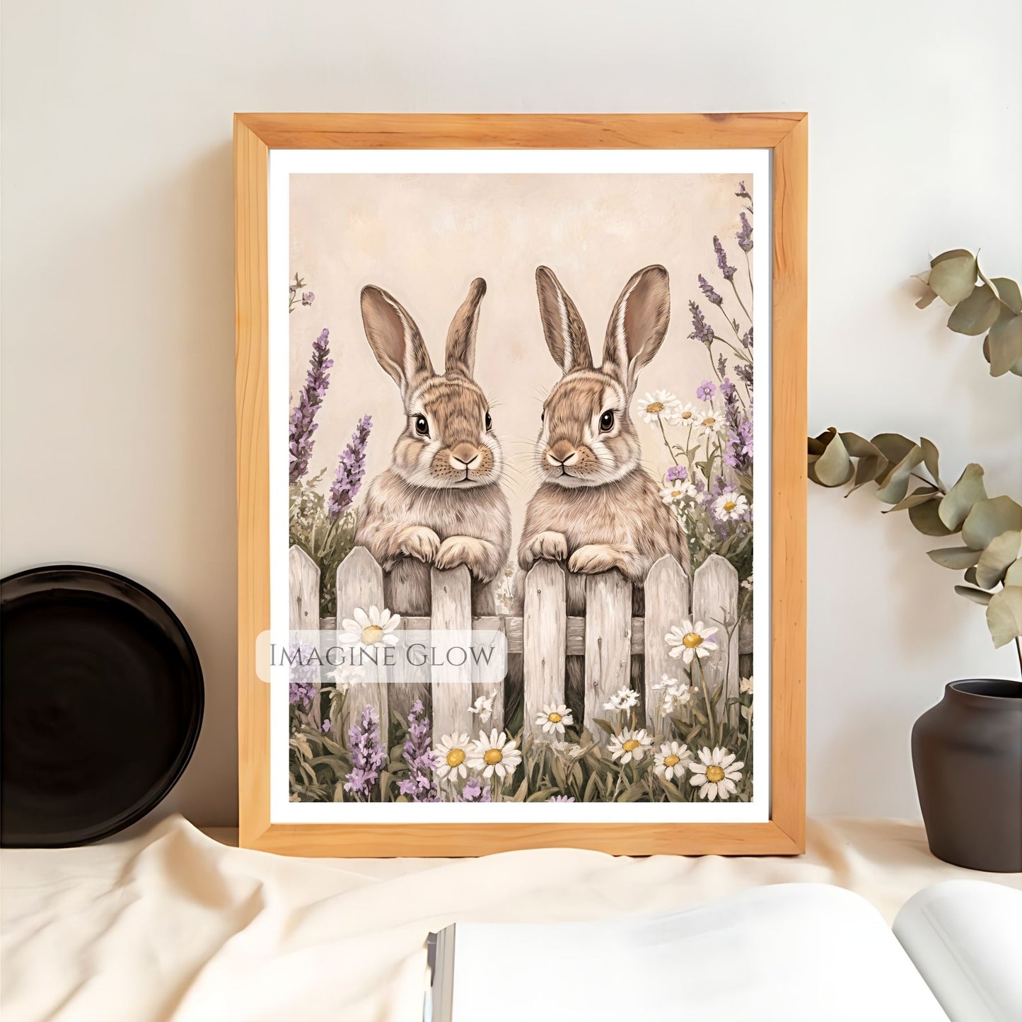 Playful rabbits in a field of wildflowers, nature-inspired art.
