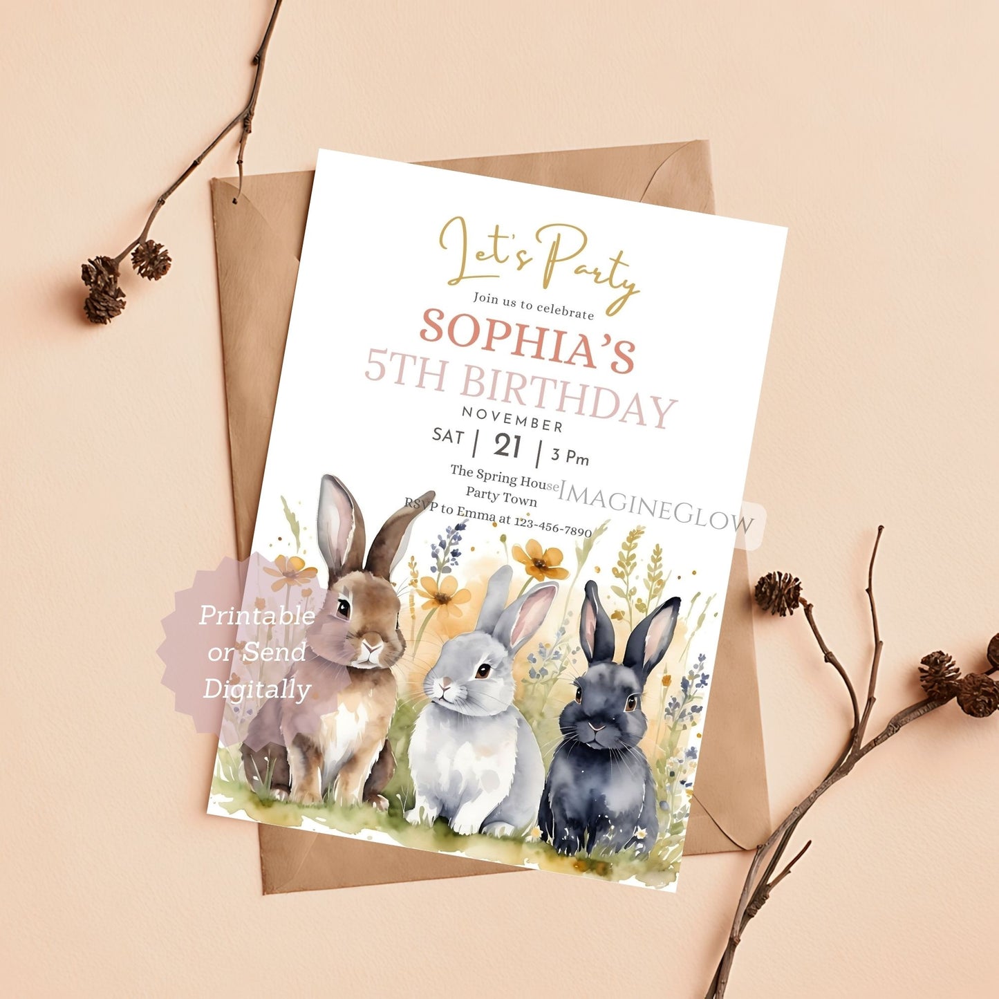 Bunny Floral Birthday Invitation - Editable Rabbit Wildflower Party Invite