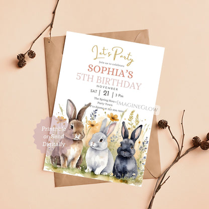 Bunny Floral Birthday Invitation - Editable Rabbit Wildflower Party Invite