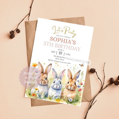 cute bunny garden party invitation
editable spring bunny invitation
