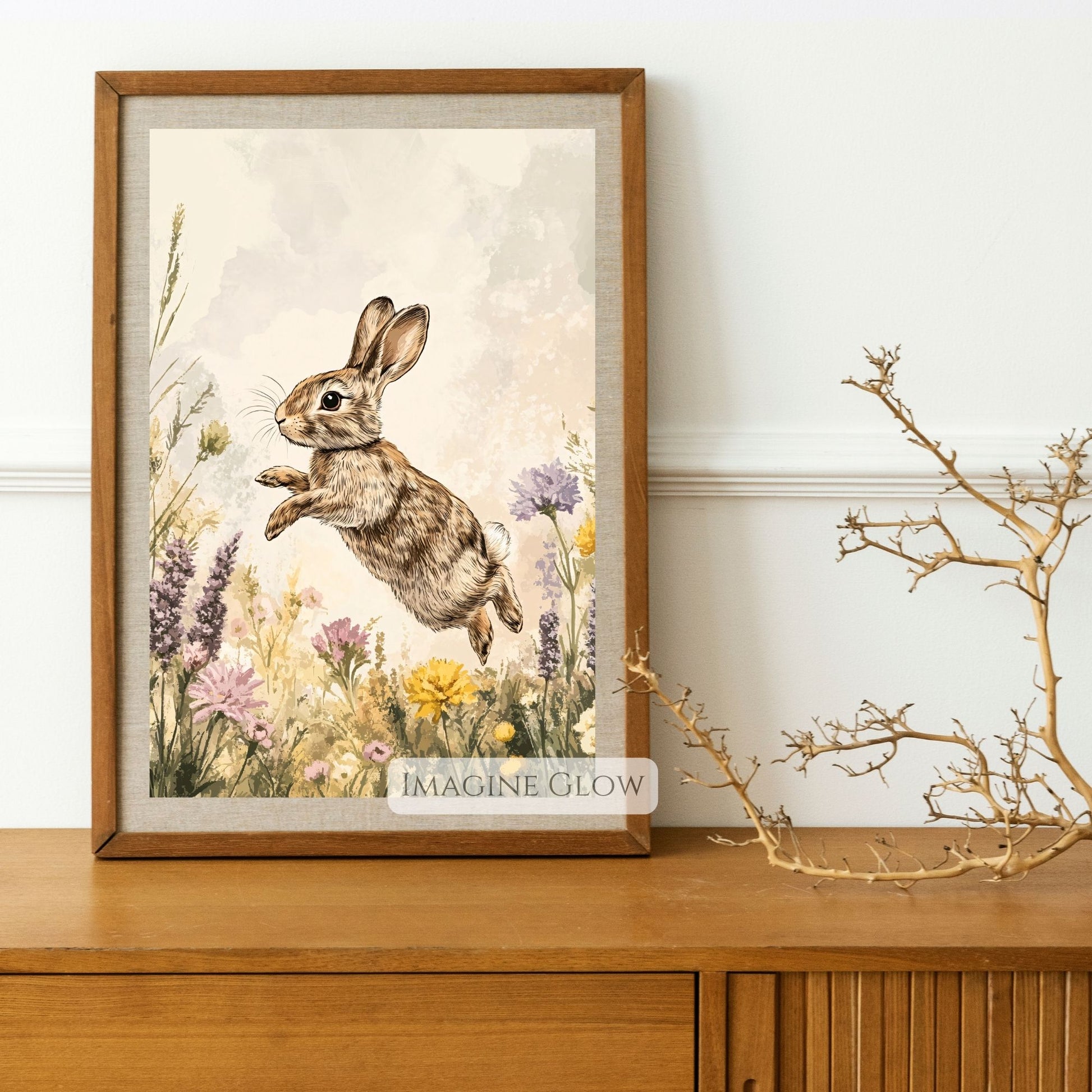 Bunny in blooming meadow animal wall art.
