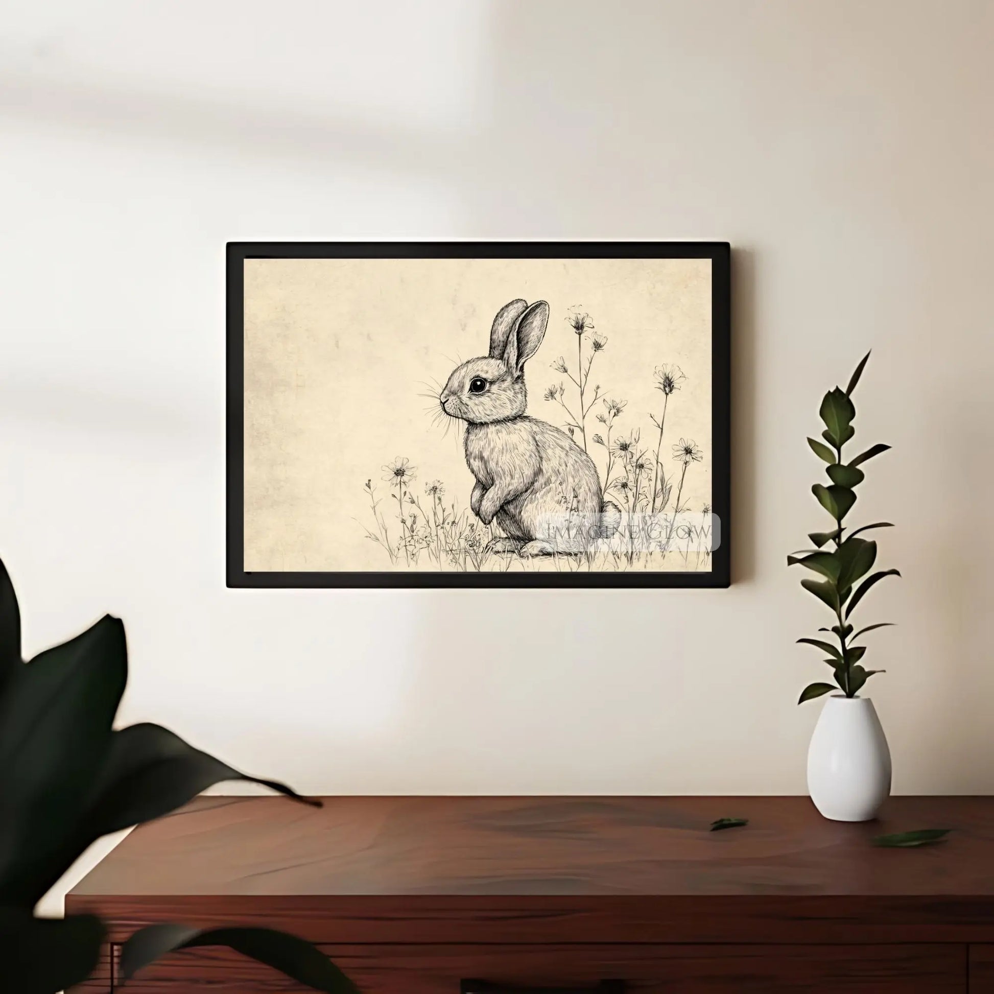 Antique-style bunny wall art for farmhouse living rooms.