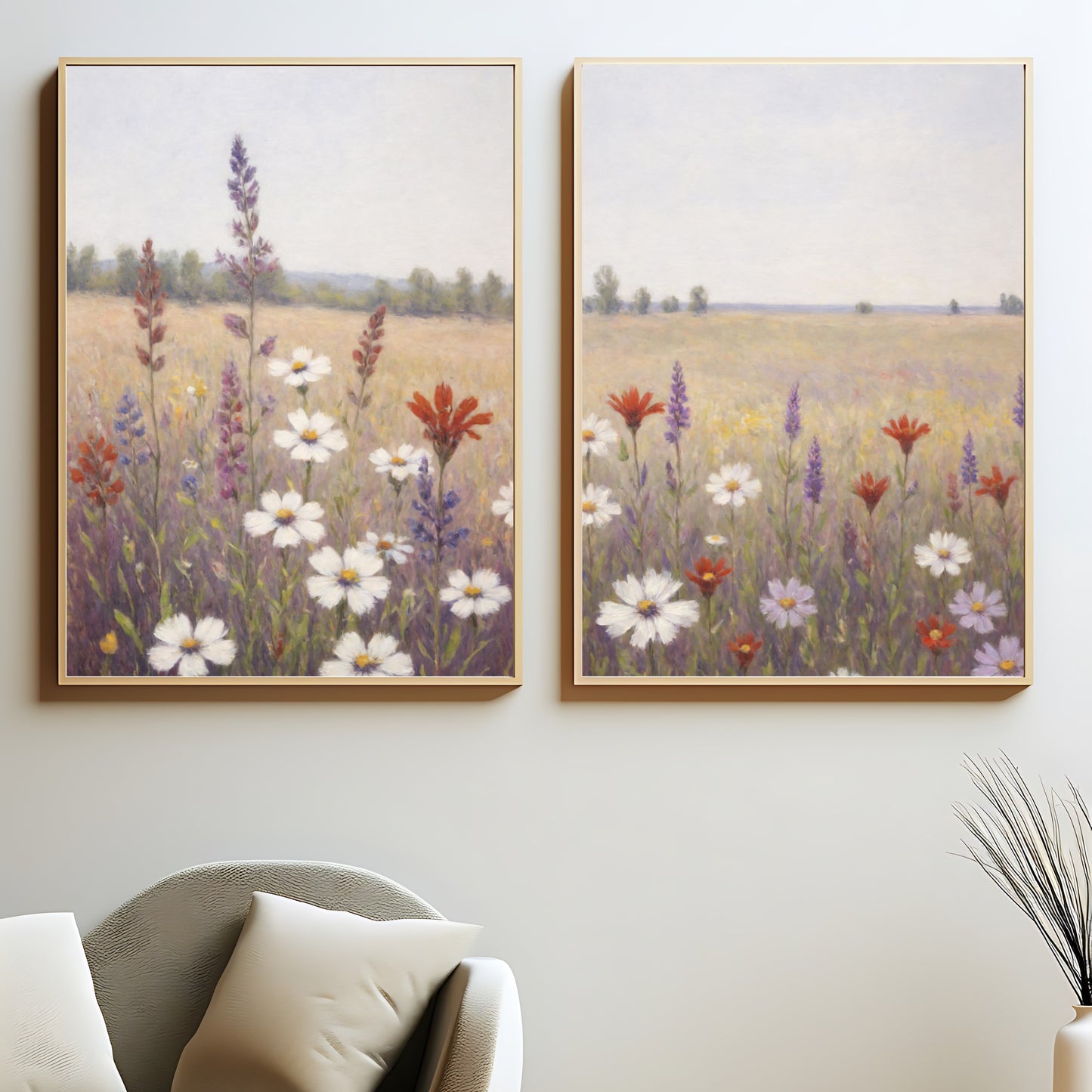 Neutral country print of a wildflower field painting