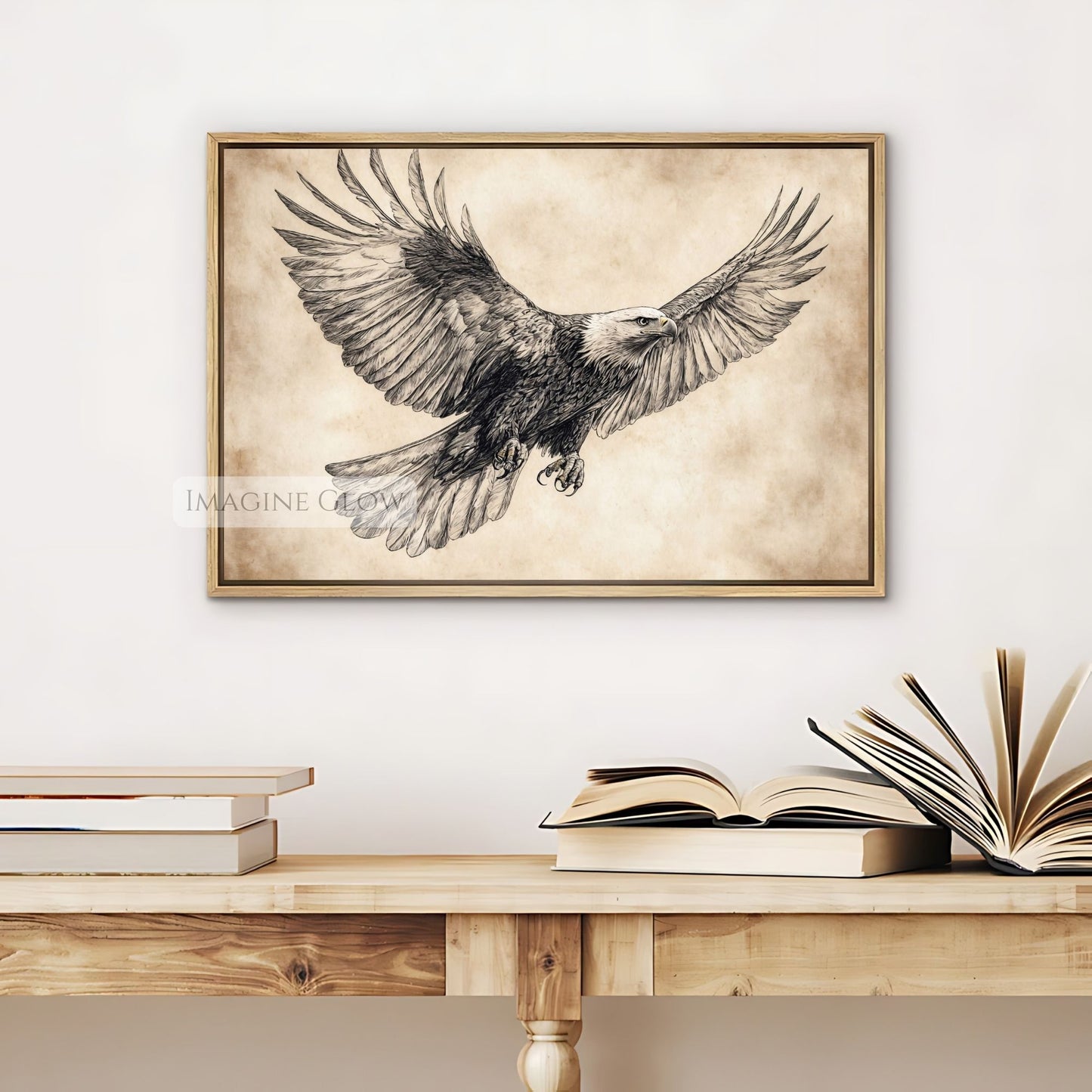 Eagle bird of prey sketch art print, detailed black and white design.
