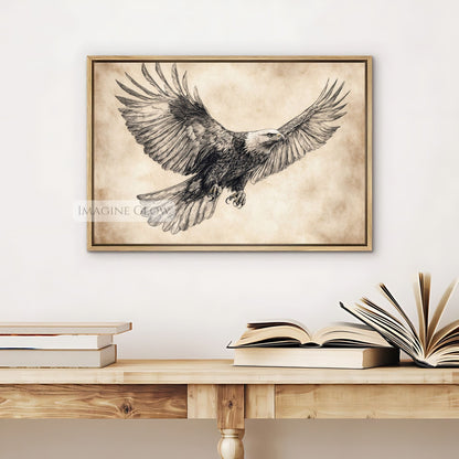 Eagle bird of prey sketch art print, detailed black and white design.
