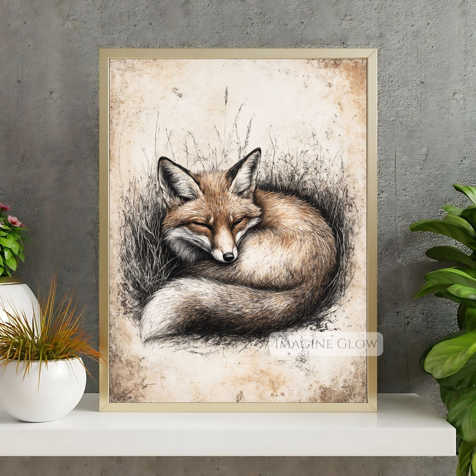 Vintage fox sketch art print for rustic and nature-themed decor.
