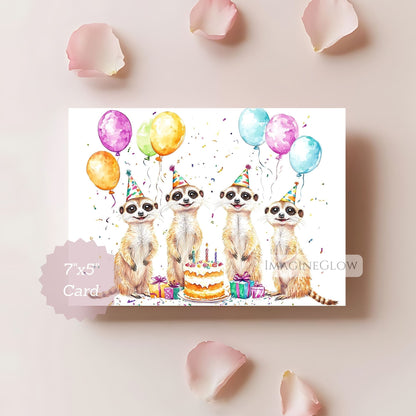 Birthday card with meerkats and balloons on a light background