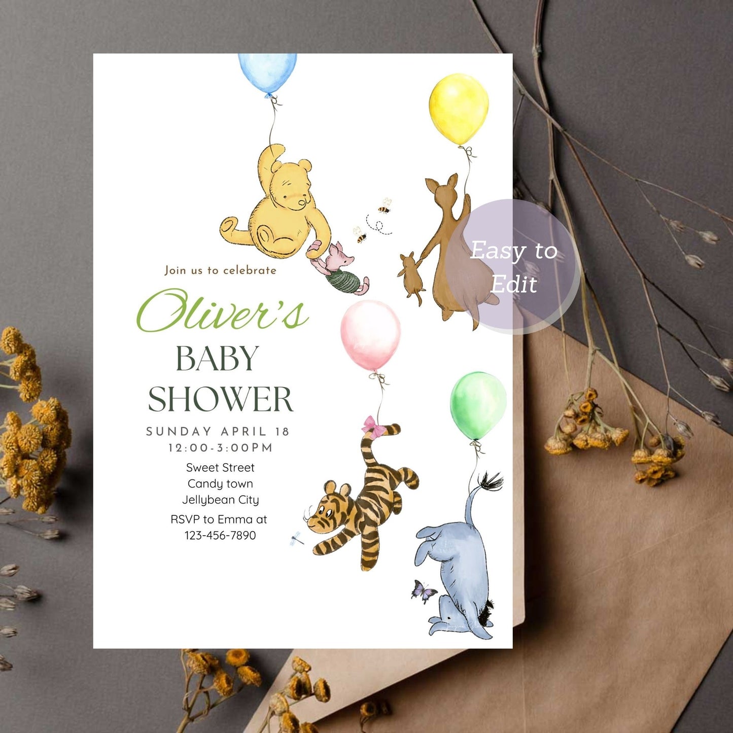 Winnie the Pooh themed baby shower invite for gender-neutral parties.
