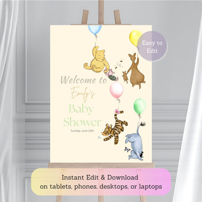 Gender-neutral Winnie the Pooh welcome sign for baby shower.
