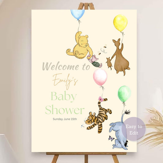 Winnie the Pooh baby shower welcome sign with balloon design.
