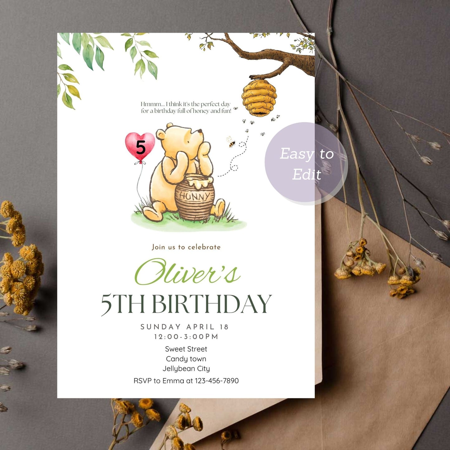 Playful Winnie the Pooh birthday invitation with birthday age balloon.
