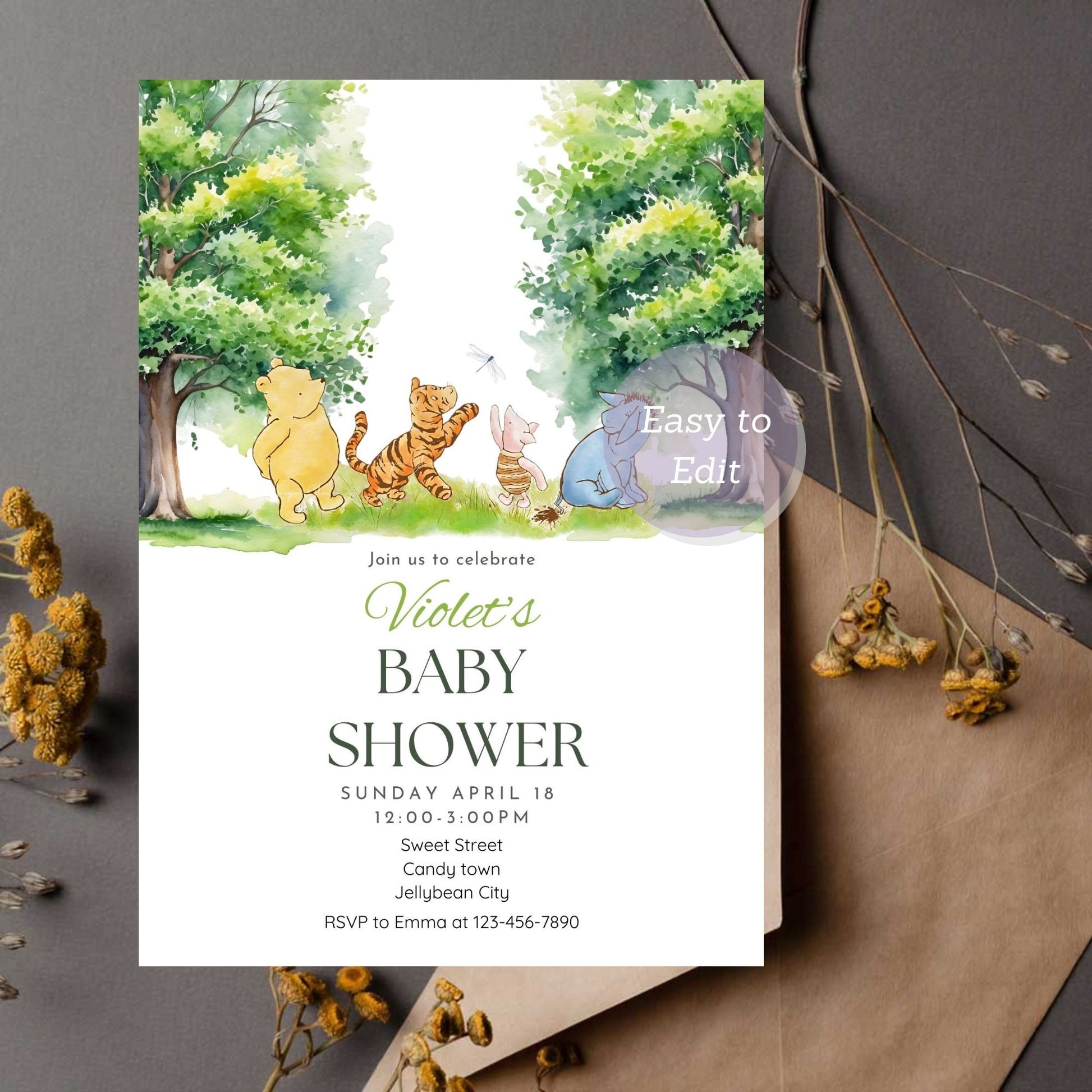 Forest-themed baby shower invitation featuring classic Winnie the Pooh.
