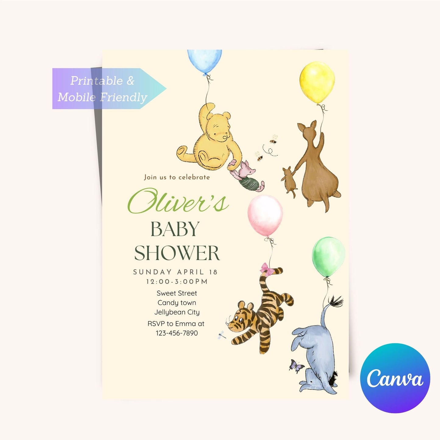 Cute gender-neutral Winnie the Pooh baby shower invite.
