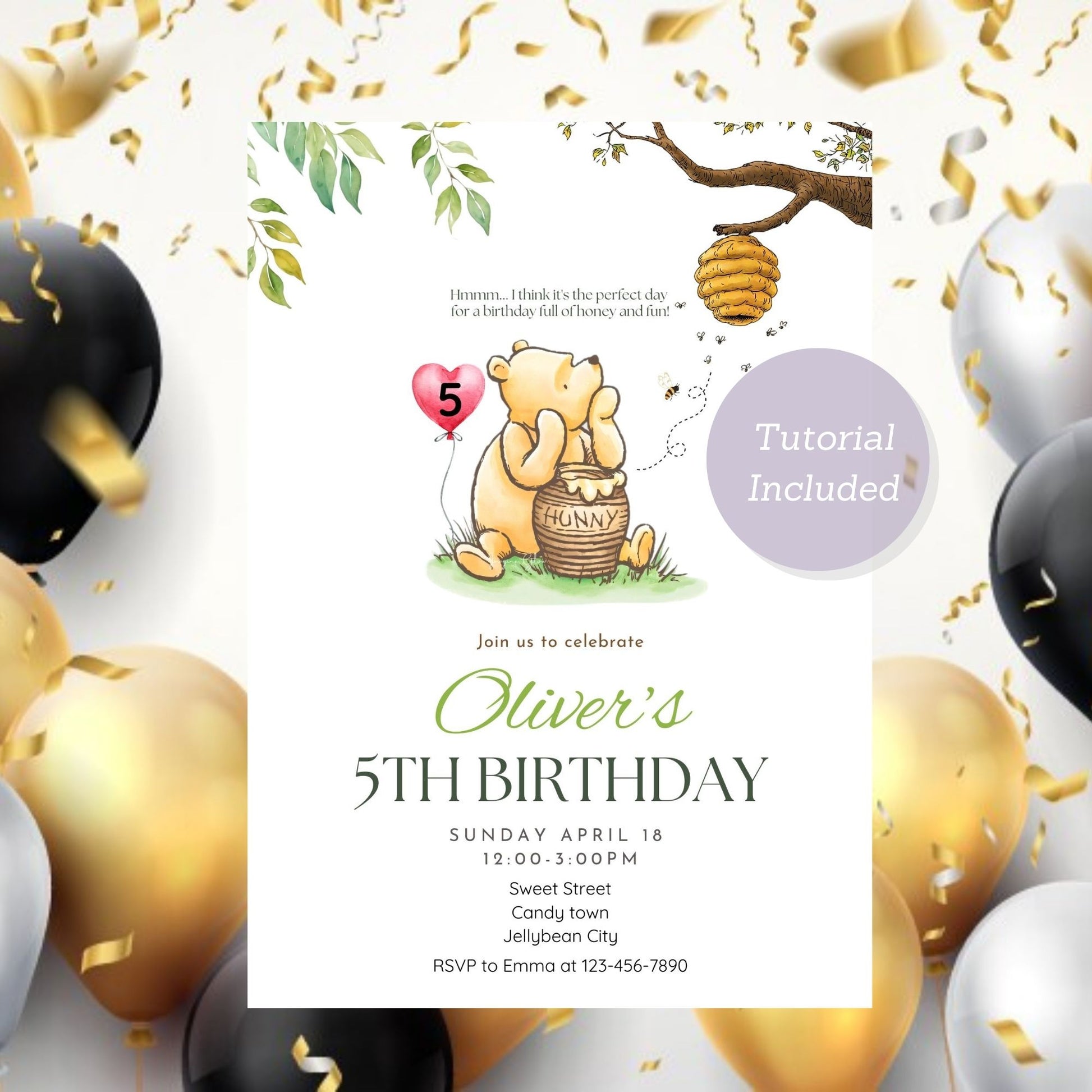 Adorable Winnie the Pooh themed birthday invite with age balloon.
Fun Winnie the Pooh birthday invite with balloon showing the age.