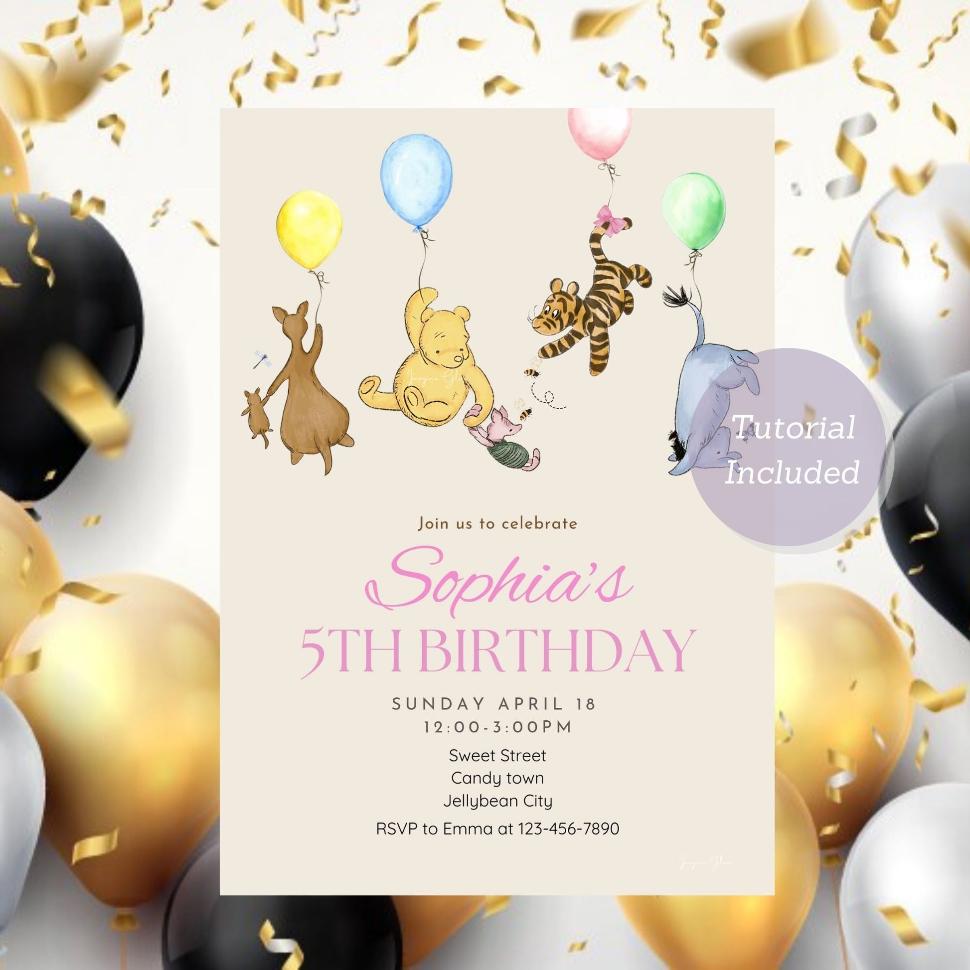 Classic Winnie the Pooh birthday invitation for kids featuring balloons.