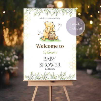 Customizable Winnie the Pooh baby shower sign for "A Little Hunny on the Way."
Adorable Winnie the Pooh decor for gender-neutral baby showers.
Simple and elegant Winnie the Pooh baby shower welcome sign.