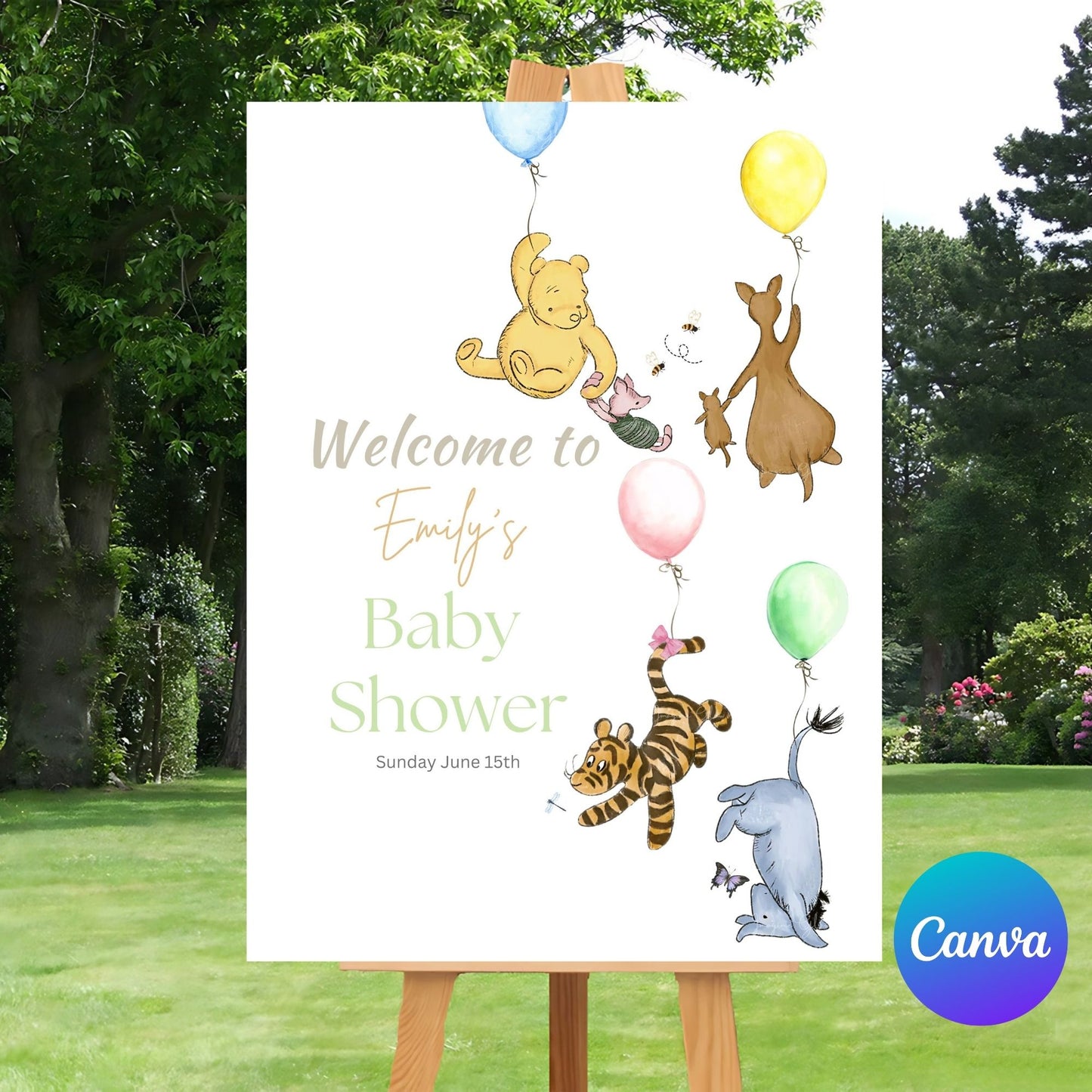 Adorable Winnie the Pooh themed baby shower welcome sign.
