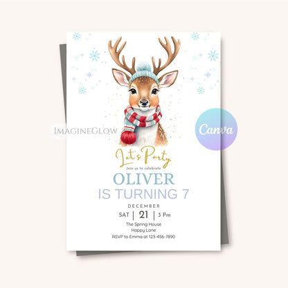 Invitation card with a deer wearing a hat and scarf on a white background