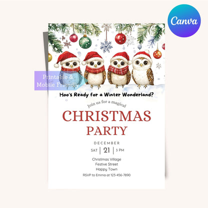 Elegant snowy owl-themed invitation for holiday celebrations.