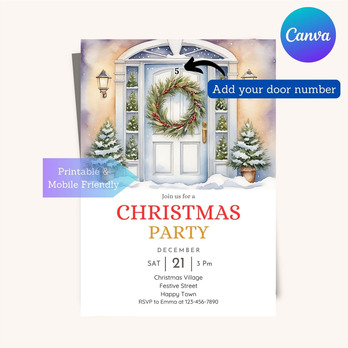 Winter holiday party invitation with a wreath on a rustic snowy door.