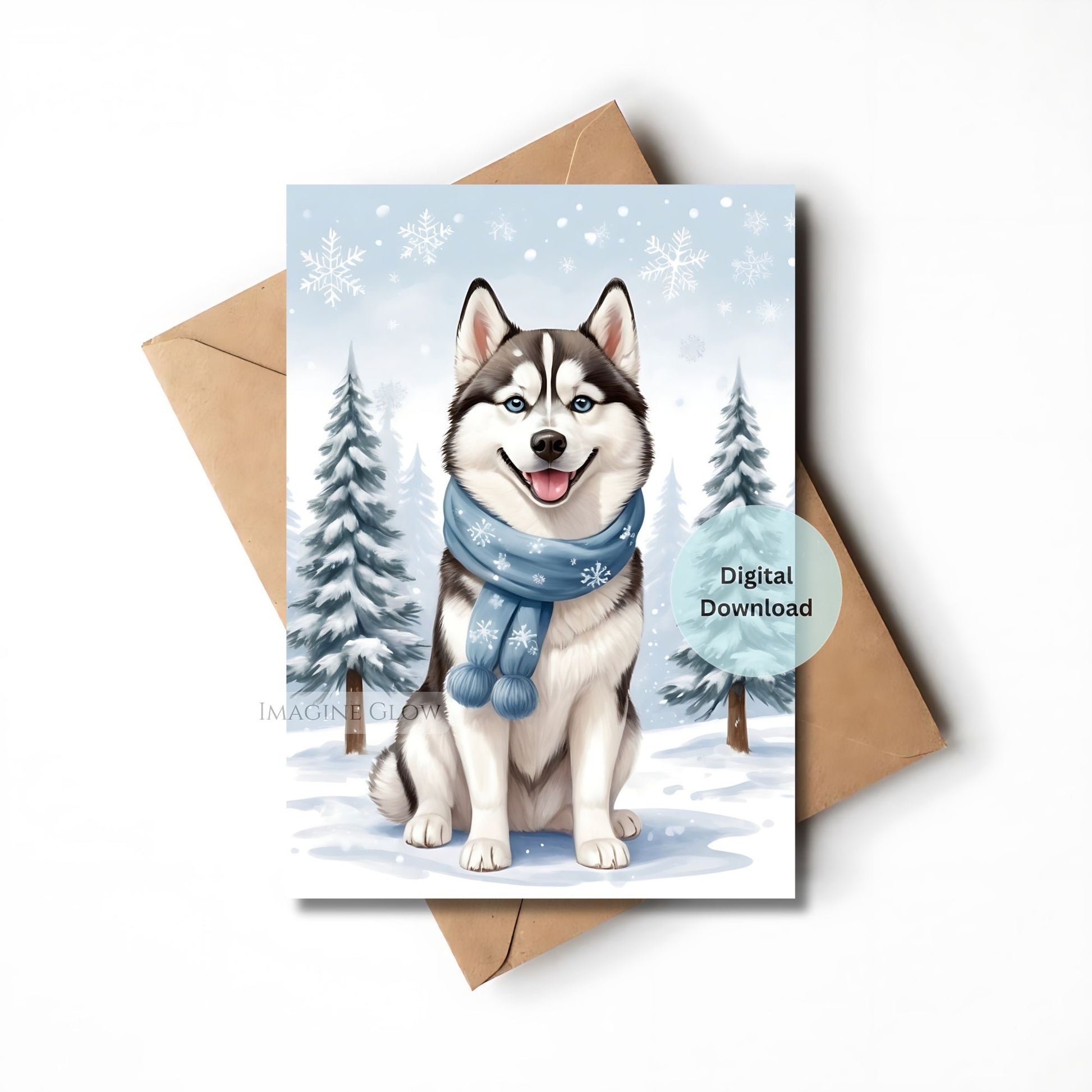 festive siberian husky holiday greeting card
cute husky christmas card snowy theme
