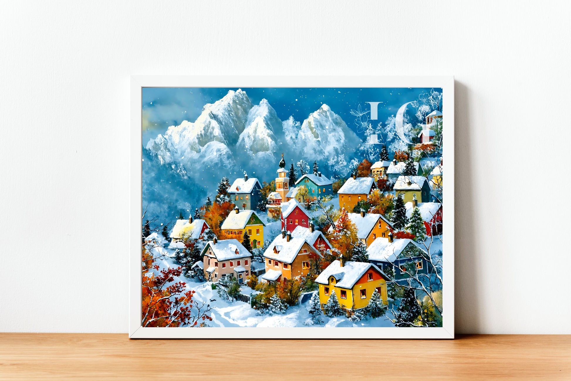 Winter Mountain Village Art Print for Holiday and Festive Wall Decor