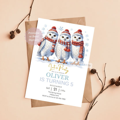 winter owl birthday invitation for boys and girls
