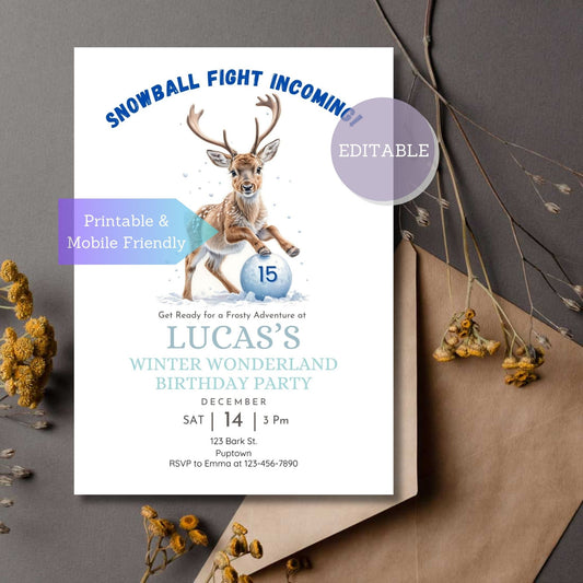 Winter party invitation template with reindeer birthday theme.