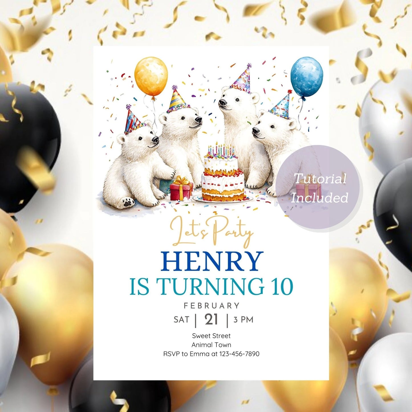 Cute winter polar bear birthday invite for kids.