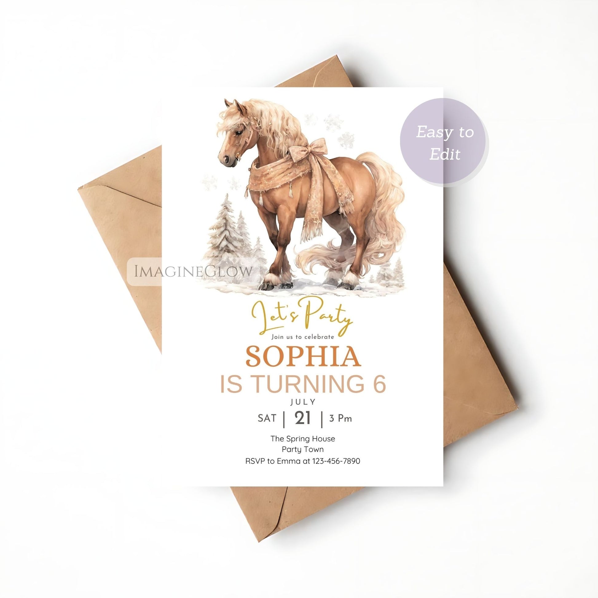 Birthday invitation card with horse illustration and brown envelope on white background
