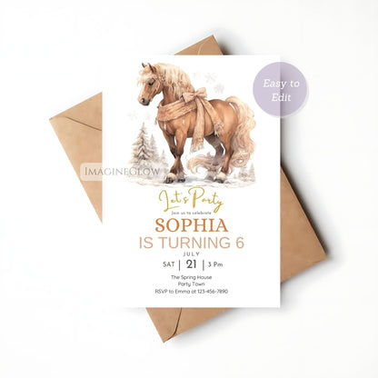 Birthday invitation card with horse illustration and brown envelope on white background