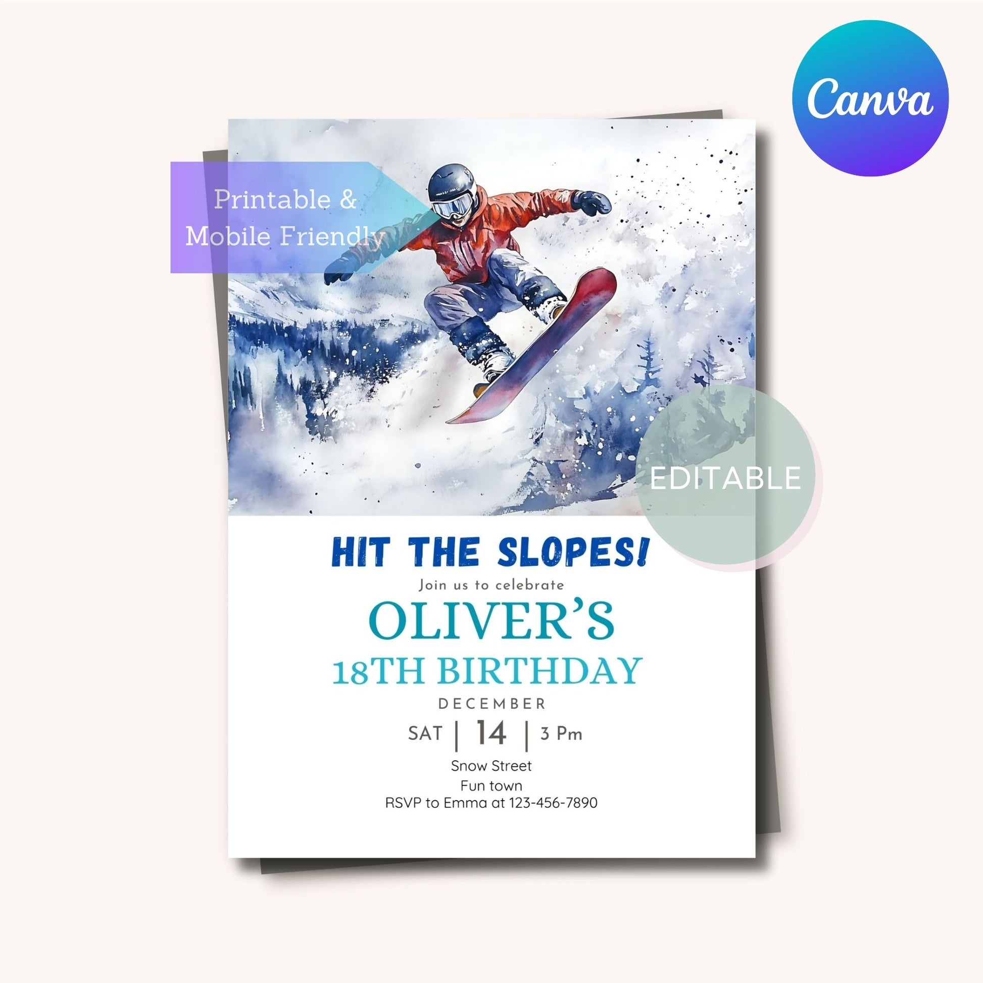 Winter sport birthday invite featuring a snowboard design, customizable in Canva.