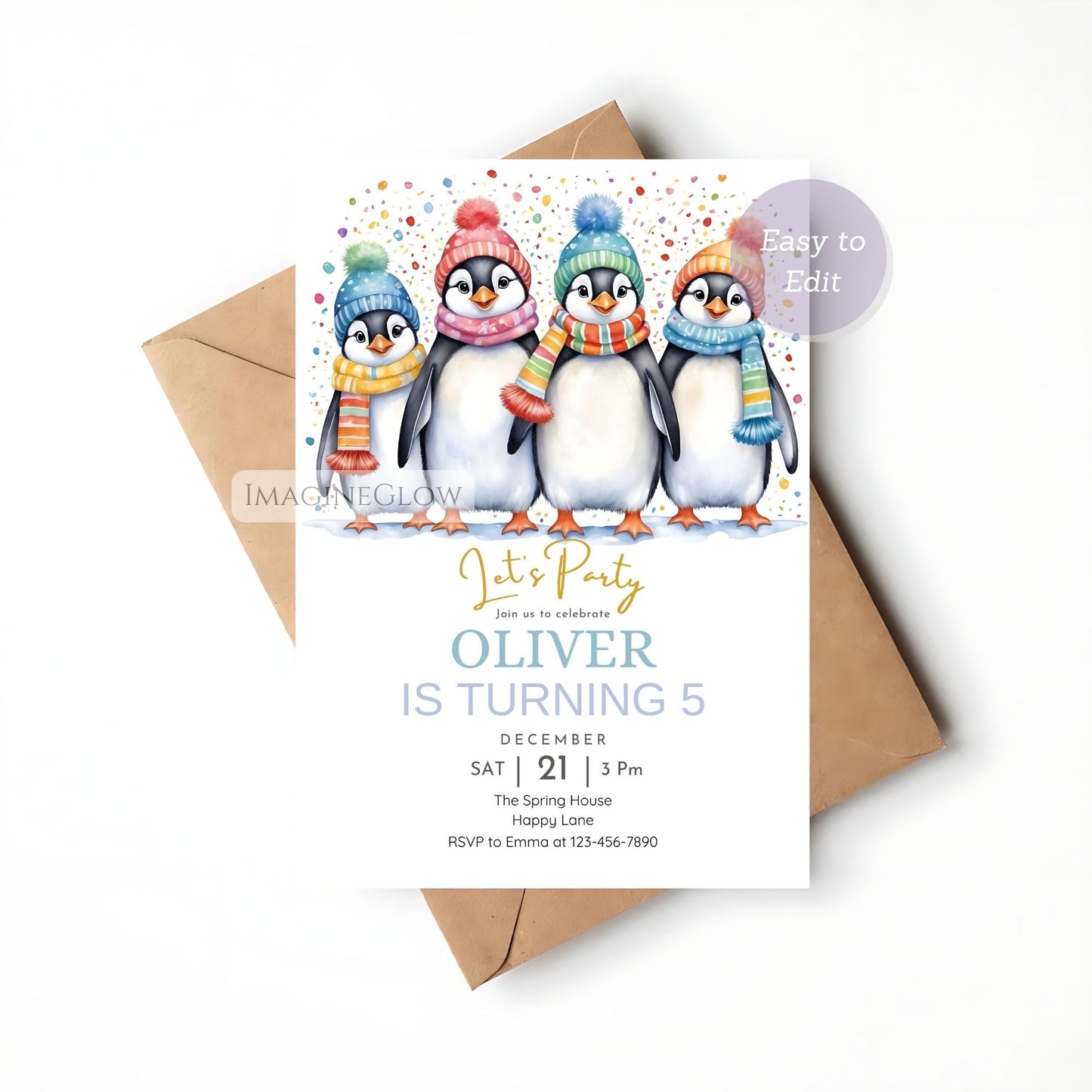 Birthday invitation card with penguins wearing colorful hats and scarves, on a white background.