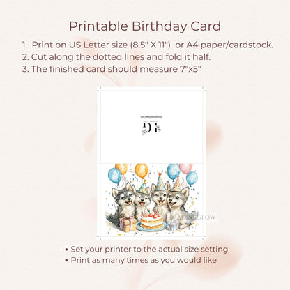 Nature inspired wolf card
Wolf birthday card for kids
Wolf party printable card