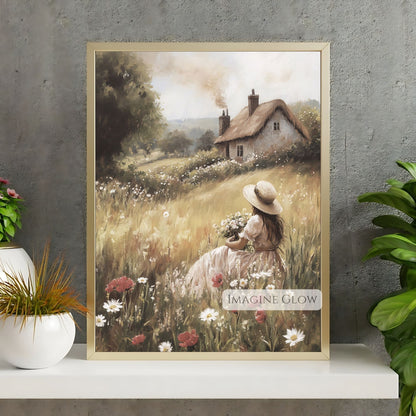 Woman picking wildflowers in vintage spring meadow artwork.
